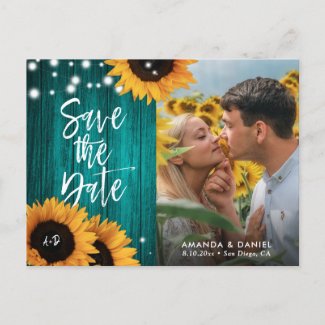 Rustic Teal Sunflower Save The Date Photo Postcard