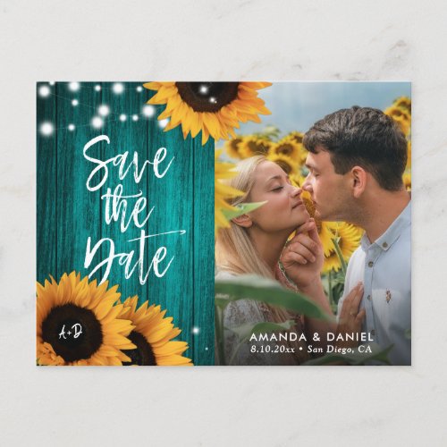 Rustic Teal Sunflower Save The Date Photo Postcard