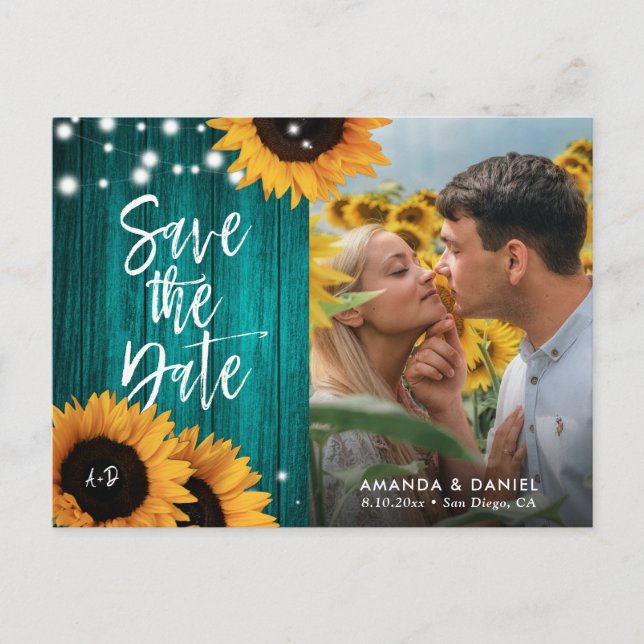 Rustic Teal Sunflower Save The Date Photo Postcard (Front)