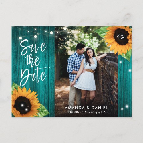 Rustic Teal Sunflower Save The Date Postcard