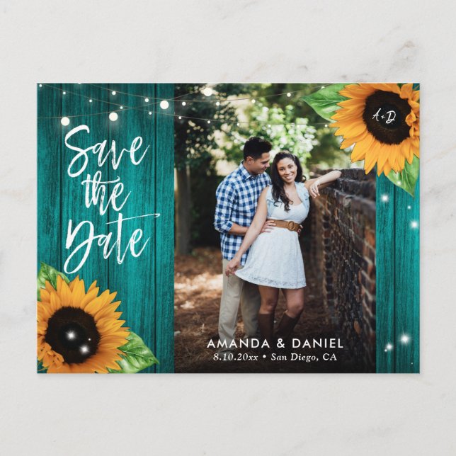 Rustic Teal Sunflower Save The Date Postcard (Front)