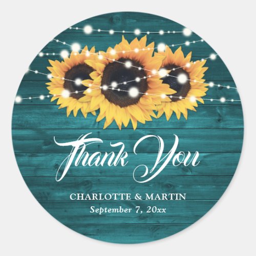 Rustic Teal Sunflower Thank You Wedding Favor Classic Round Sticker