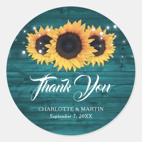 Rustic Teal Sunflower Thank You Wedding Favor Classic Round Sticker