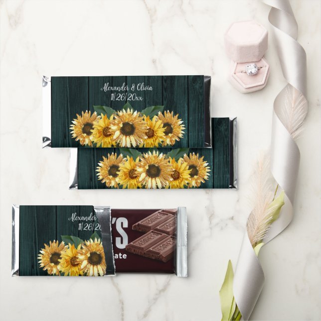 Rustic Teal Sunflower Wedding Hershey Bar Favors (Front)