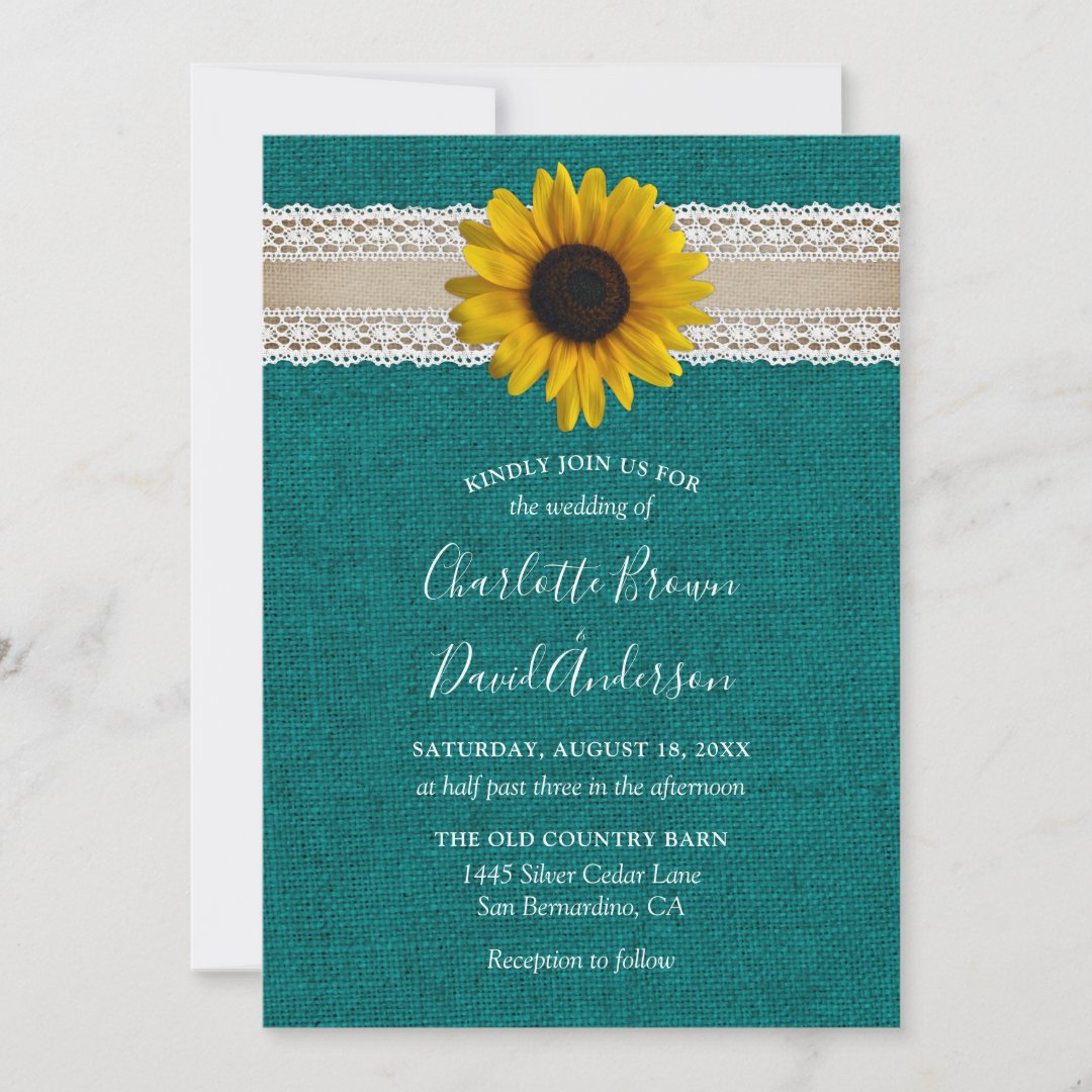 Rustic Teal Sunflower Wedding Invitation | Zazzle