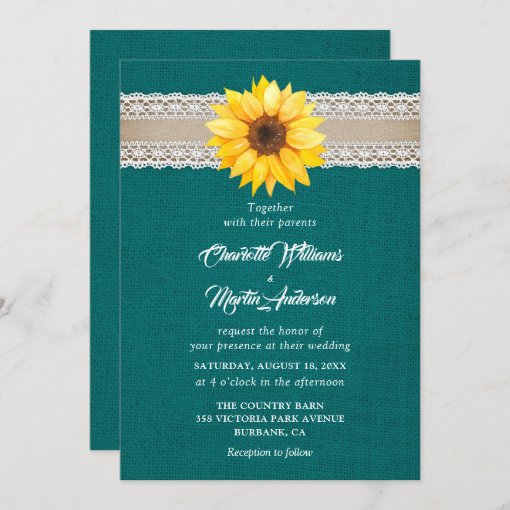 Rustic Teal Sunflower Wedding Invitation | Zazzle