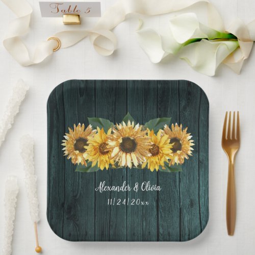Rustic Teal Sunflower Wedding Paper Plates