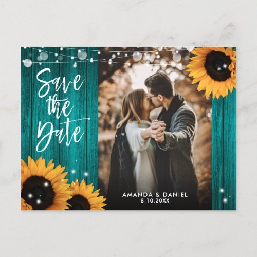 Rustic Teal Sunflower Wedding Photo Save The Date Announcement Postcard