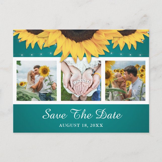 Rustic Teal Sunflower Wedding Photo Save The Date Announcement Postcard (Front)