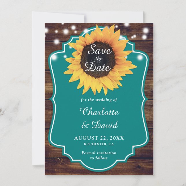 Rustic Teal Sunflower Wedding Save The Date (Front)