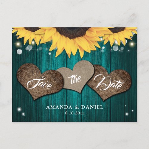 Rustic Teal Sunflower Wedding Save The Date Announcement Postcard