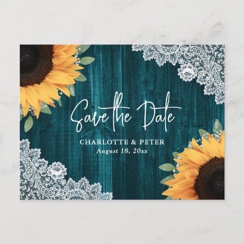 Rustic Teal Sunflower Wedding Save The Date Announcement Postcard