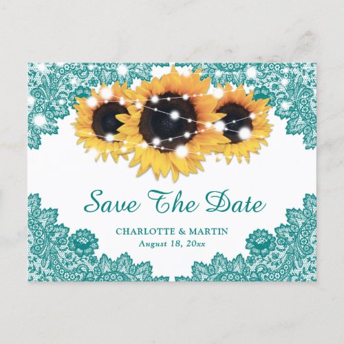 Rustic Teal Sunflower Wedding Save The Date Announcement Postcard