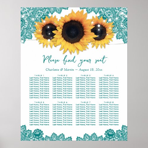 Rustic Teal  Sunflower Wedding Seating Chart 8