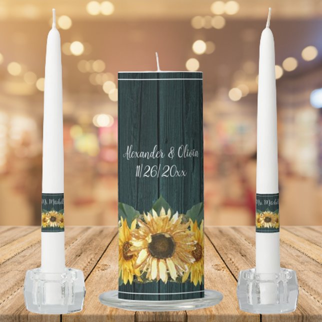 Rustic Teal Sunflower Wedding Unity Candle Set (Teal Rustic Sunflower Wedding Unity Candle Set)