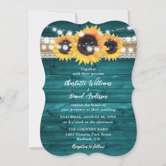 Rustic Teal Sunflower Wood String Lights Wedding Invitation