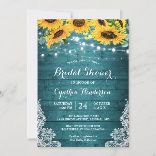 Rustic Teal Sunflowers String Lights Bridal Shower Invitation