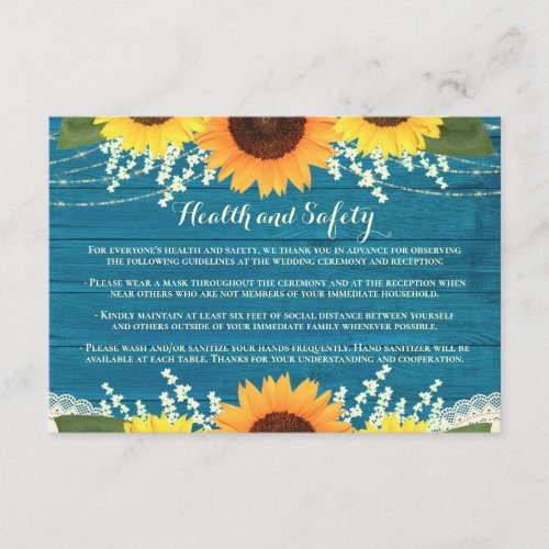Rustic Teal Sunflowers Wedding Health and Safety Enclosure Card