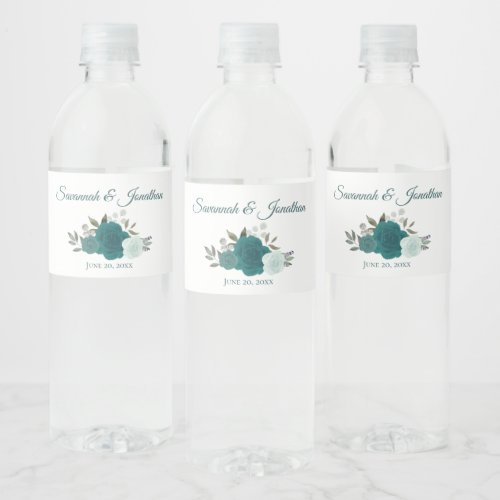 Rustic Teal  Turquoise Elegant Roses Wedding Water Bottle Label
