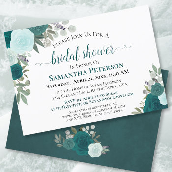 Rustic Teal Watercolor Floral Chic Bridal Shower Invitation by ZingerBug at Zazzle