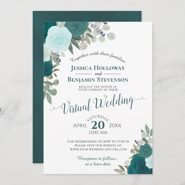 Rustic Teal Watercolor Floral Virtual Wedding Invitation (Front/Back)