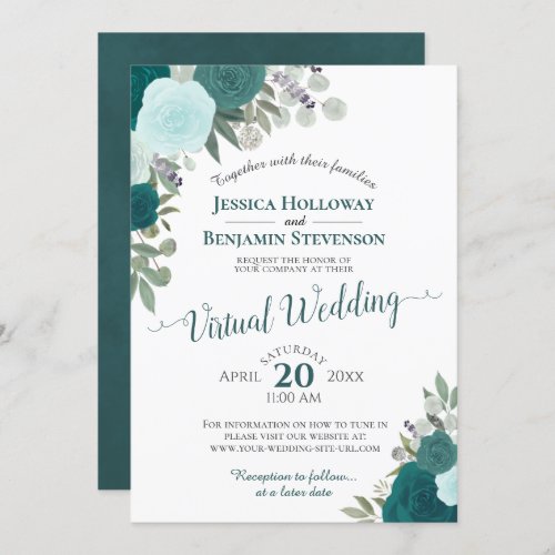 Rustic Teal Watercolor Floral Virtual Wedding Invitation