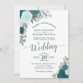 Rustic Teal Watercolor Roses Boho Floral Wedding Invitation (Front)