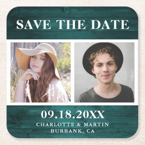 Rustic Teal Wedding 2 Photo Save The Date Square Paper Coaster