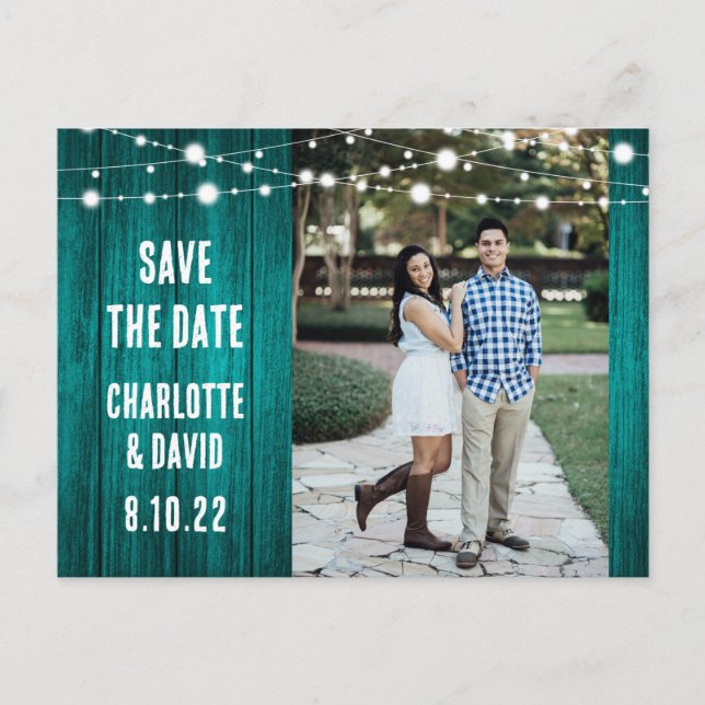 Rustic Teal Wedding Save The Date Photo Announcement Postcard (Front)