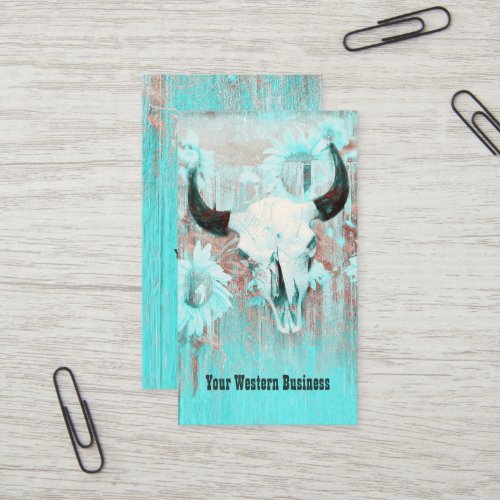 Rustic Teal Western Bull Skull Sunflowers On Wood Business Card