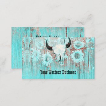 Rustic Teal Western Bull Skull Sunflowers On Wood Business Card by MargSeregelyiPhoto at Zazzle