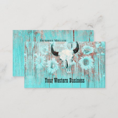 Rustic Teal Western Bull Skull Sunflowers On Wood Business Card