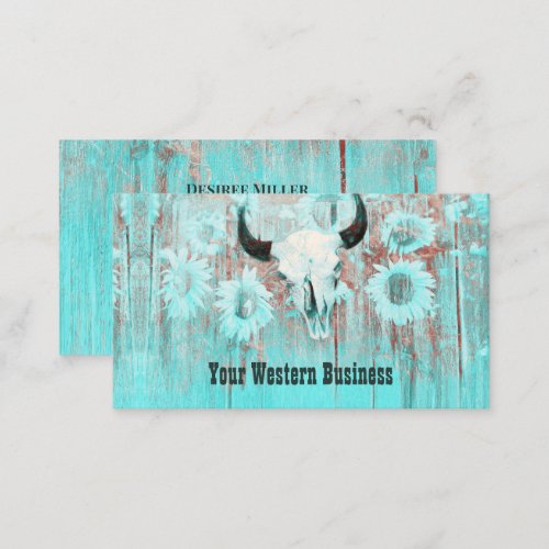 Rustic Teal Western Bull Skull Sunflowers On Wood Business Card