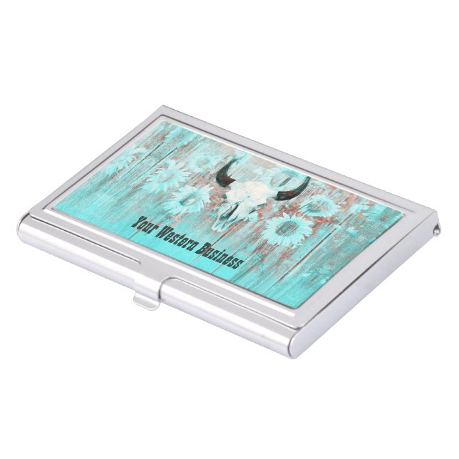 Rustic Teal Western Bull Skull Sunflowers On Wood Business Card Case (Front)