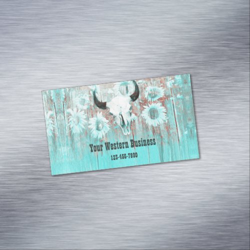 Rustic Teal Western Bull Skull Sunflowers On Wood Business Card Magnet
