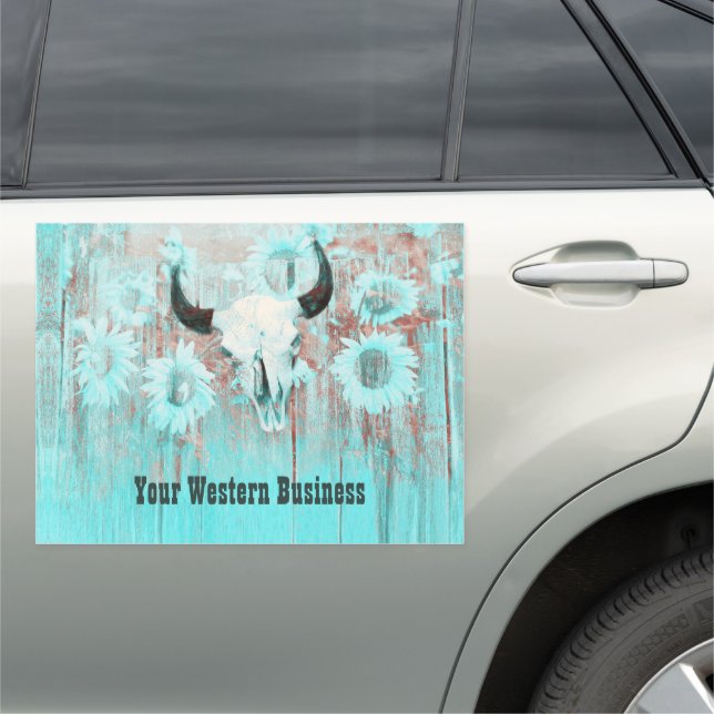 Rustic Teal Western Bull Skull Sunflowers On Wood Car Magnet (In Situ)