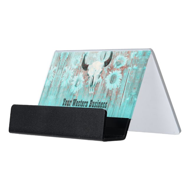 Rustic Teal Western Bull Skull Sunflowers On Wood Desk Business Card Holder (Angled Front)