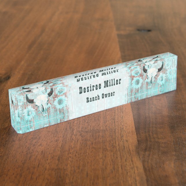 Rustic Teal Western Bull Skull Sunflowers On Wood Desk Name Plate (Side)