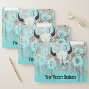 Rustic Teal Western Bull Skull Sunflowers On Wood File Folder