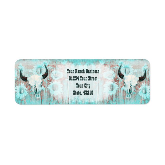Rustic Teal Western Bull Skull Sunflowers On Wood Label (Front)