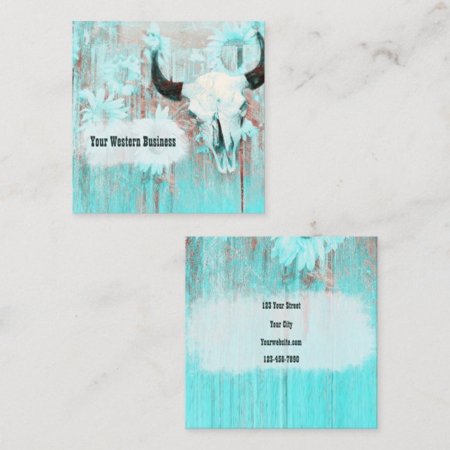 Rustic Teal Western Bull Skull Sunflowers On Wood Square Business Card (Front/Back)