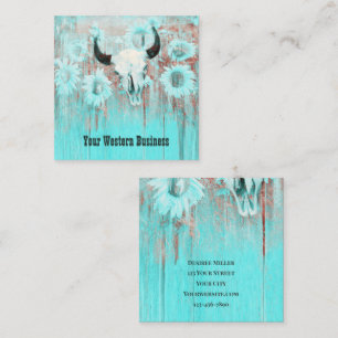Rustic Teal Western Bull Skull Sunflowers On Wood Square Business Card
