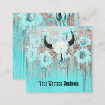 Rustic Teal Western Bull Skull Sunflowers On Wood Square Business Card by MargSeregelyiPhoto at Zazzle