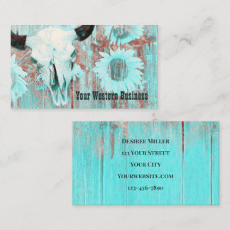 Rustic Teal Western Country Bull Skull Sunflowers Business Card
