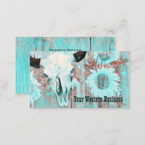 Rustic Teal Western Country Bull Skull Sunflowers Business Card