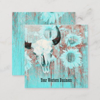 Rustic Teal Western Country Bull Skull Sunflowers Square Business Card by MargSeregelyiPhoto at Zazzle