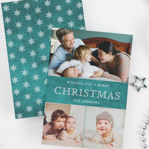 Rustic Teal Winter Christmas Photo Collage Holiday Card