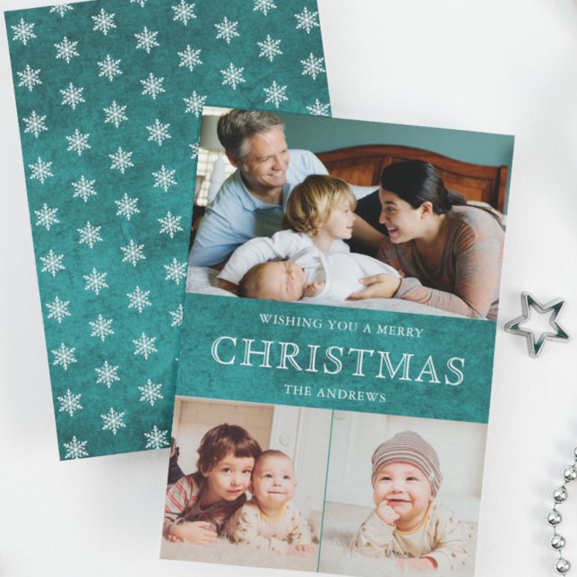 Rustic Teal Winter Christmas Photo Collage Holiday Card (Creator Uploaded)