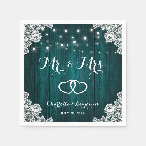 Rustic Teal Wod Lace String Lights Wedding Napkins