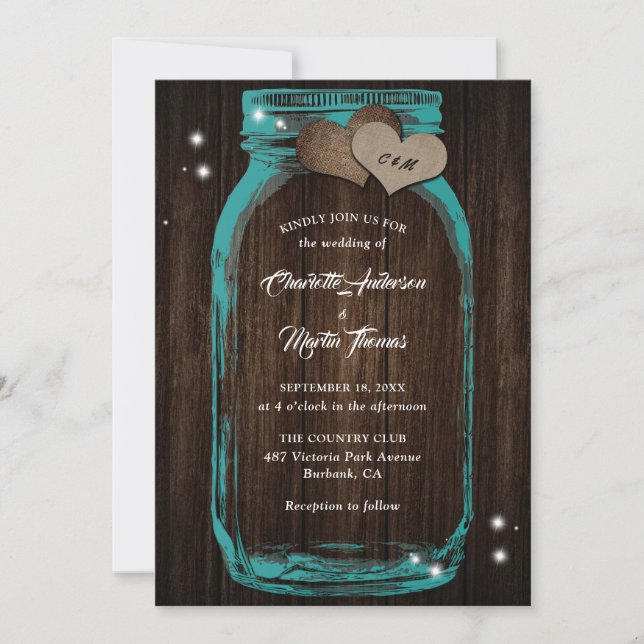 Rustic Teal Wood Burlap Heart Mason Jar Wedding Invitation (Front)
